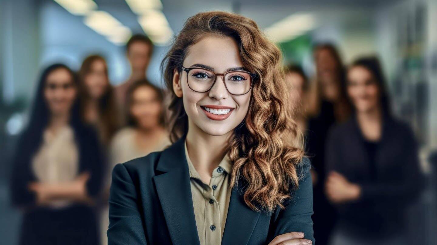 Junge Frau im Business-Outfit mit Bluse und Brille steht in einem Büro-Komplex, hinter ihr weitere Mitarbeiter. Sie lächelt zufrieden und kennt bestimmt ihr Recht auf Teilzeit in der Arbeit.