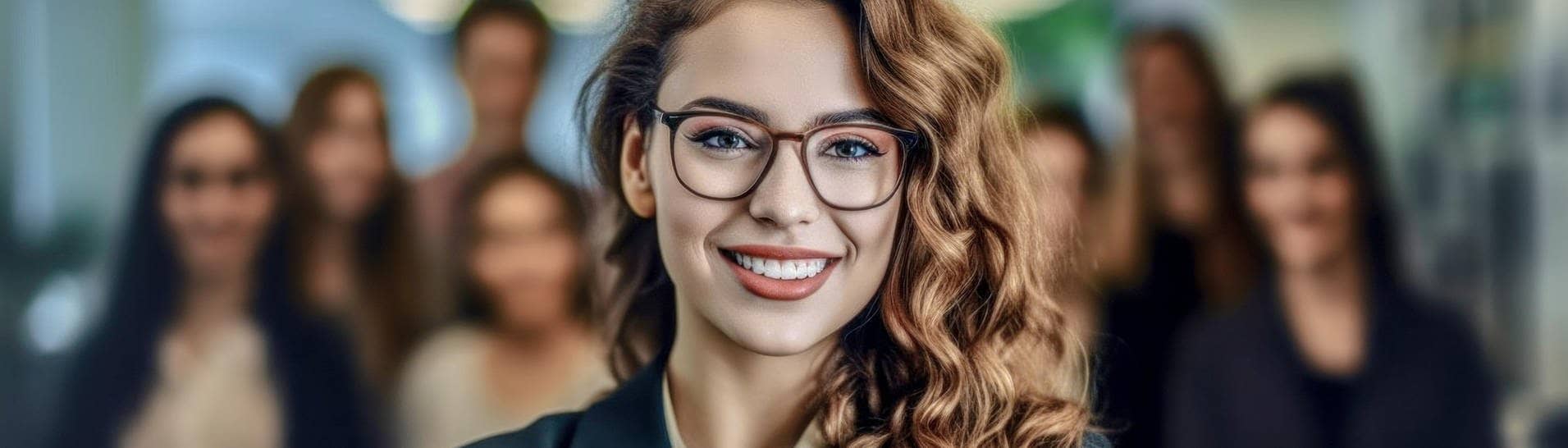 Junge Frau im Business-Outfit mit Bluse und Brille steht in einem Büro-Komplex, hinter ihr weitere Mitarbeiter. Sie lächelt zufrieden und kennt bestimmt ihr Recht auf Teilzeit in der Arbeit. (Foto: Adobe Stock, Korea Saii)