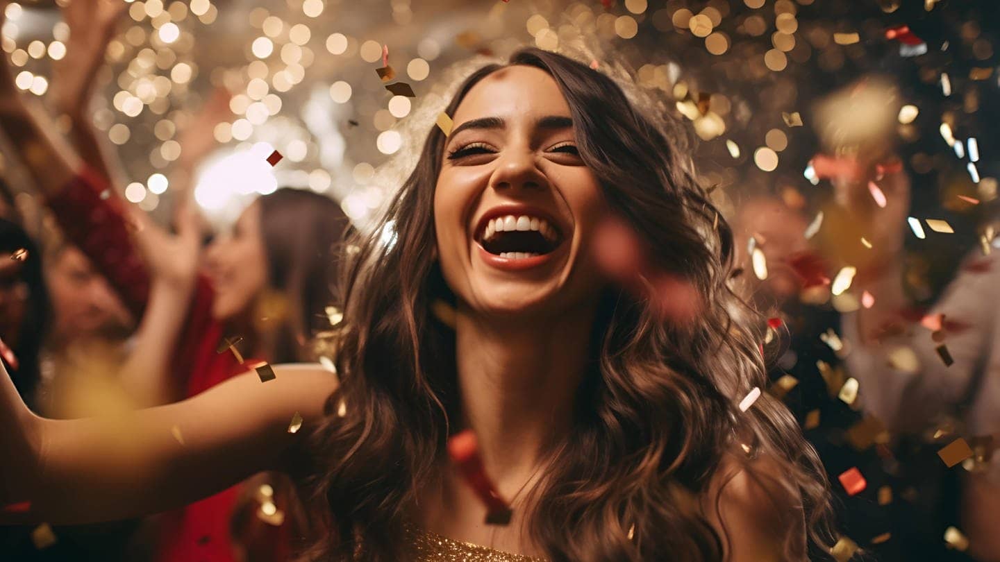Junge Frau feiert lachend auf einer Party Silvester, Glitzer fliegt umher und aus den Boxen kommt um Mitternacht vermutlich ein Song mit der perfekten Textzeile.