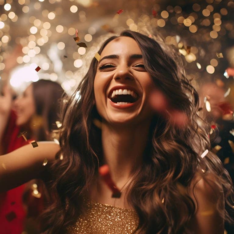 Junge Frau feiert lachend auf einer Party Silvester, Glitzer fliegt umher und aus den Boxen kommt um Mitternacht vermutlich ein Song mit der perfekten Textzeile.