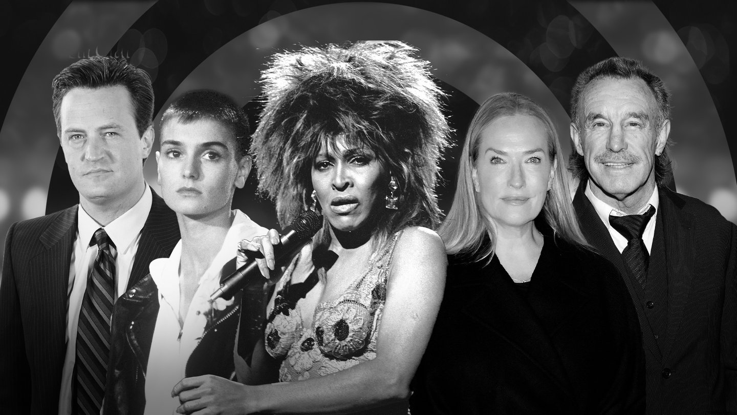 Tina Turner, Matthew Perry, René Weller, Jana Patitz und Sinéad O'Connor in Schwarz-Weiß: Diese Promis und berühmten Persönlichkeiten sind gestroben, ihr Tod ließ viele Menschen in 2023 trauern. (Foto: IMAGO, IMAGO / Future Image / APress / ZUMA Wire / MediaPunch; picture alliance/dpa | Horst Galuschka)