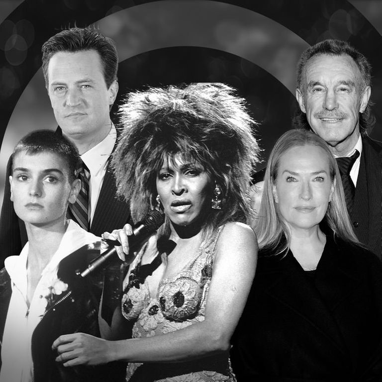 Tina Turner, Matthew Perry, René Weller, Jana Patitz und Sinéad O'Connor in Schwarz-Weiß: Diese Promis und berühmten Persönlichkeiten sind gestroben, ihr Tod ließ viele Menschen in 2023 trauern. (Foto: IMAGO, IMAGO / Future Image / APress / ZUMA Wire / MediaPunch; picture alliance/dpa | Horst Galuschka)