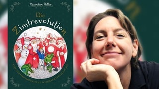 Steffi Lingscheidt steht neben dem Buchcover von Maximilian Poluux "Die Zimtrevolution" (Foto: Cover von: Community Editions Verlag | Foto von Redakteur: SWR3) Steffi Lingscheidt steht neben dem Buchcover von Maximilian Poluux "Die Zimtrevolution"
