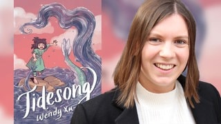 Corinne Schwager neben dem Cover des Buches "Tidesong" (Foto: Cover: Harper Collins Publ. USA | Foto Redakteur: SWR3) Corinne Schwager neben dem Cover des Buches "Tidesong"