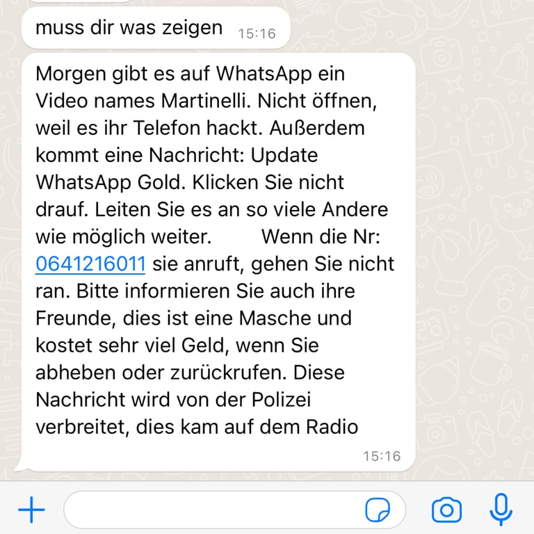 Screenshot vom Martinelli-Virus-Kettenbrief auf dem Smartphone. Nur ein Fake oder ist wirklich was dran? Spoiler: nein! (Foto: SWR3)