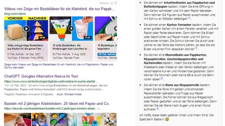 Im Screenshot sieht man das Suchergebnis der Suchmaschine Bing mit integrierter Chatfunktion und dem Ergebnis zu Bastelideen für Kinder (Foto: Screenshot von Bing, Suchanfrage: https://www.bing.com/search?q=Zeige%20mir%20Bastelideen%20f%C3%BCr%20ein%20Kleinkind,%20die%20nur%20Pappkarton,%20Papier%20und%20Schnur%20benutzen.&iscopilotedu=1&form=MA13G7)