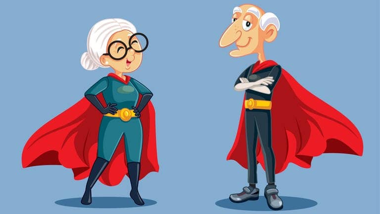 ma und Opa als Comic-Figuren in Superman- und Superwoman-Umhang, die Weisheiten und Sprüche für uns parat haben.