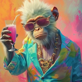 Affe mit Hawaii-Hemd vor buntem Hintergrund hält ein Glas in der Hand. Symbolbild für Rezepte für alkoholfreie Cocktails.