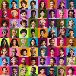 Viele verschiedenen Menschen unterschiedlichen Alters und unterschiedlicher Nation in einer Collage. Symbolbild für deutsche Wörter, die auch in anderen Sprachen der Welt gesprochen werden.