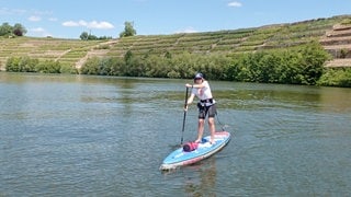 Eine Stand-Up-Paddlerin auf dem Neckar in Nähe der Hessigheimer Felsengärten. In Baden-Württemberg und Rheinland Pfalz gibt es wunderschöne Stand-Up-Paddle Routen. Stiftung Warentest hat 10 SUP-Boards getestet (Foto: SUPscout.de) Eine Stand-Up-Paddlerin auf dem Neckar in Nähe der Hessigheimer Felsengärten. In Baden-Württemberg und Rheinland Pfalz gibt es wunderschöne Stand-Up-Paddle Routen. Stiftung Warentest hat 10 SUP-Boards getestet