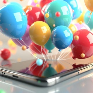Ballons als Geburtstagswünsche auf einem Smartphone. Symbolbild für lustige Whatsapp-Sprüche und Grüße zum Geburtstag.
