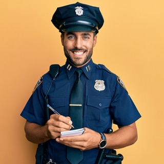 Ein Polizist in Uniform grinst und stellt einen Strafzettel für das Falschparken auf einem Supermarktparkplatz aus