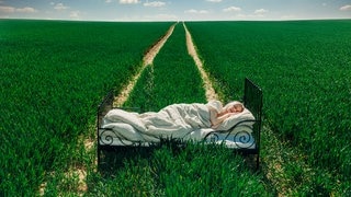 Eine Frau liegt in einem Bett auf einem Feld und schläft bei sommerlicher Hitze.