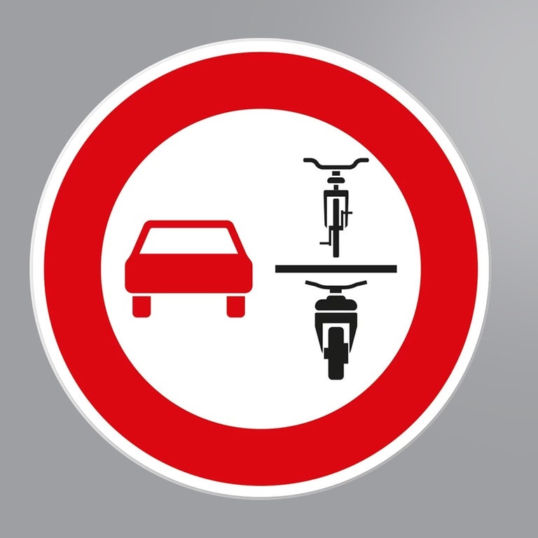 Foto: SWR Ein Strassenschild mit rotem Rand. Links ein rotes Auto, daneben übereinander in schwarz ein Fahrrad und ein Motorrad (Foto: SWR)