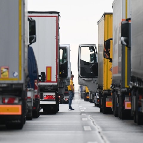 Lastwagen stehen im Stau (Foto: dpa Bildfunk, picture alliance/dpa | Robert Michael)