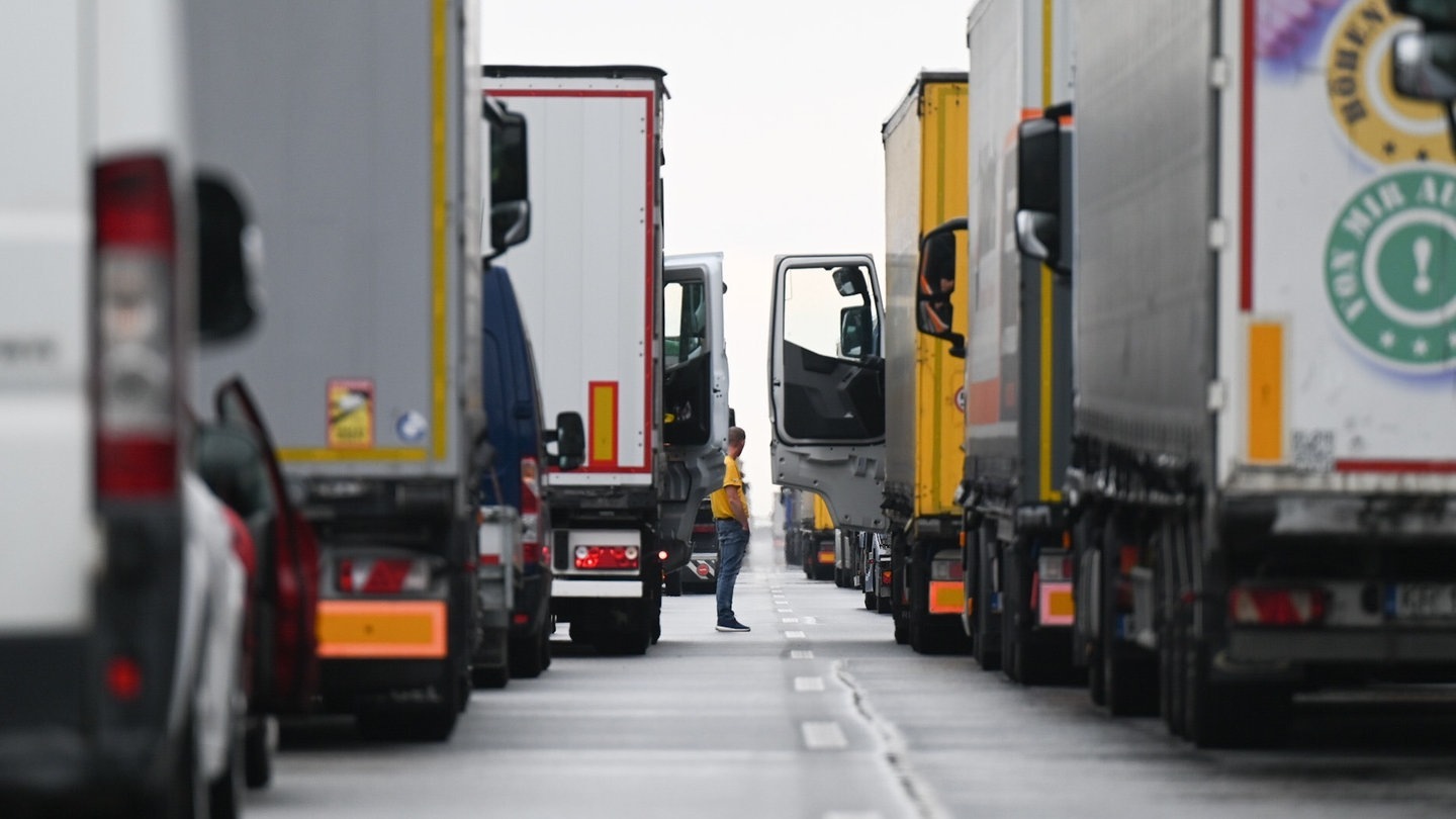 Lastwagen stehen im Stau (Foto: dpa Bildfunk, picture alliance/dpa | Robert Michael)