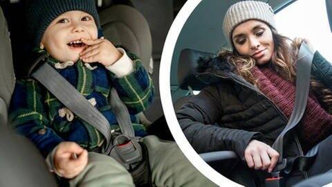 Happy boy in car safety seat model released, eine junge Frau schnallt sich an (Foto: IMAGO, picture-alliance / Reportdienste, 0200518361, 92164398)