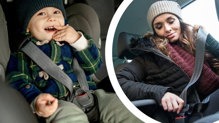 Happy boy in car safety seat model released, eine junge Frau schnallt sich an