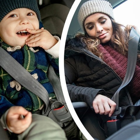 Happy boy in car safety seat model released, eine junge Frau schnallt sich an (Foto: IMAGO, picture-alliance / Reportdienste, 0200518361, 92164398)