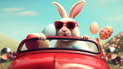 Ein Osterhase fährt in einem roten Auto, das mit Eiern beladen ist.