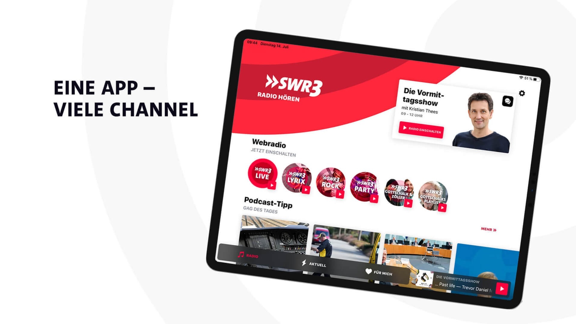 Foto: SWR3 Bildschirm der neuen SWR3 App mit Auswahl verschiedener Kanäle (Foto: SWR3)