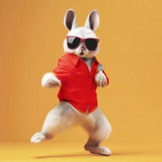 Animierter Osterhase mit rotem Shirt und roter Sonnenbrille hüpft den lustigen Ostersound auf orangenem Hintergrund 