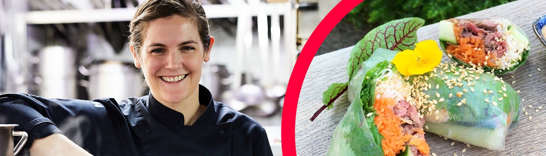 Links: Viki Fuchs mit einer schwarzen Kochweste Rechts: Eine Nahaufnahme von Sommerrollen (Foto: Viki Fuchs)