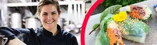 Links: Viki Fuchs mit einer schwarzen Kochweste Rechts: Eine Nahaufnahme von Sommerrollen