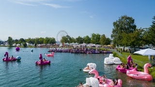 Festivalbesucher sind mit einem großen aufblasbaren Flamingo auf dem Tunisee beim Sea You Festival. (Foto: SWR, Ferdinand Vögele) Festivalbesucher sind mit einem großen aufblasbaren Flamingo auf dem Tunisee beim Sea You Festival.