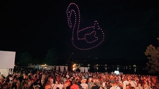 Besonderers Spektakel zum 10-jährigen Jubiläum des Sea You: Zum Abschluss des Festival-Samstags gibt es eine Drohnenshow über dem Tunisee. Dutzende Drohnen formen einen pinken Flamingo (Foto: SWR, Ferdinand Vögele) Besonderers Spektakel zum 10-jährigen Jubiläum des Sea You: Zum Abschluss des Festival-Samstags gibt es eine Drohnenshow über dem Tunisee. Dutzende Drohnen formen einen pinken Flamingo