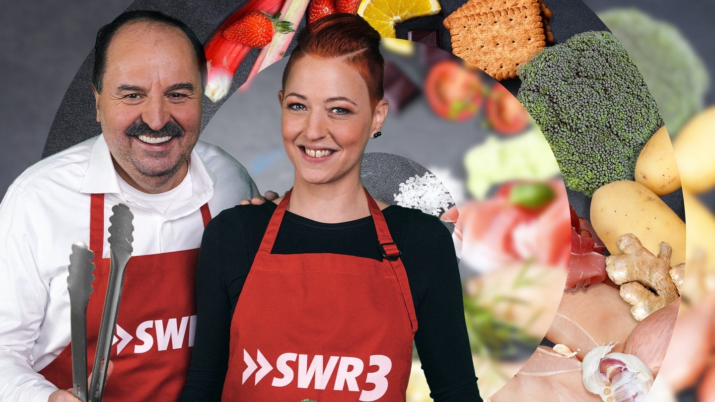 Foto: SWR3 Koch Johann Lafer und Köchin Meta Hiltebrand auf Hintergund mit Lebensmitteln (Foto: SWR3)