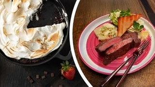 Zwei Gerichte des großen SWR3 Grillens 2025: „Schokoladenbrownie mit Baiserhaube“ von Sally und „In Aromen gegartes Rind mit rauchigem Sellerie und Caesar-Salat“ von Johann Lafer.