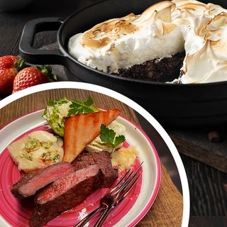 Zwei Gerichte des großen SWR3 Grillens 2025: „Schokoladenbrownie mit Baiserhaube“ von Sally und „In Aromen gegartes Rind mit rauchigem Sellerie und Caesar-Salat“ von Johann Lafer.