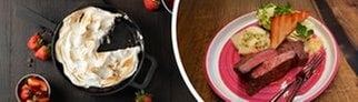 Zwei Gerichte des großen SWR3 Grillens 2025: „Schokoladenbrownie mit Baiserhaube“ von Sally und „In Aromen gegartes Rind mit rauchigem Sellerie und Caesar-Salat“ von Johann Lafer.