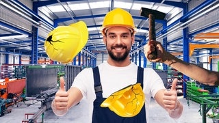 Mann mit Helm testet Helme, indem mit dem Hammer darauf geschlagen wird.