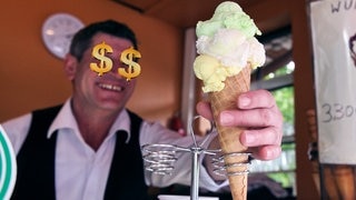 Eisverkäufer mit Dollarzeichen in den Augen