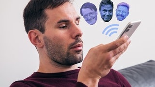 Mann spricht in Handy, Promis erscheinen