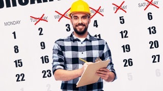 Bauarbeiter vor Kalender mit durchgestrichenen Tagen