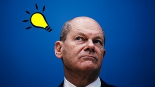 Olaf Scholz mit erleuchtender Glühbirne