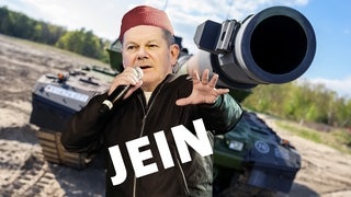 Olaf Scholz als Rapper von fettes Brot vor einem Panzer