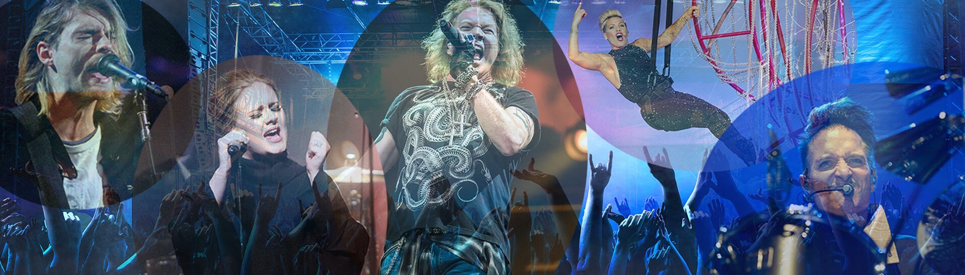 Adele, Kurt Cobain, Bela B, ACDC, Pink bei Konzerten (Foto: Adobe Stock/m.mphoto, picture-alliance/dpa)