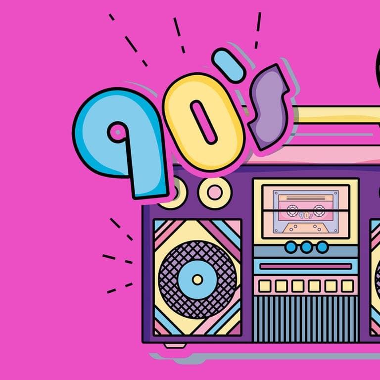 Radio als Cartoonzeichnung auf lila Hintergrund. Schriftzug: 90s (Foto: Adobe Stock/Stockgiu)