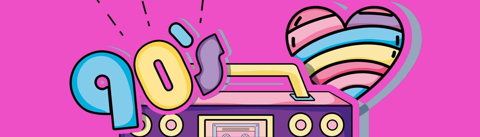 Radio als Cartoonzeichnung auf lila Hintergrund. Schriftzug: 90s (Foto: Adobe Stock/Stockgiu)