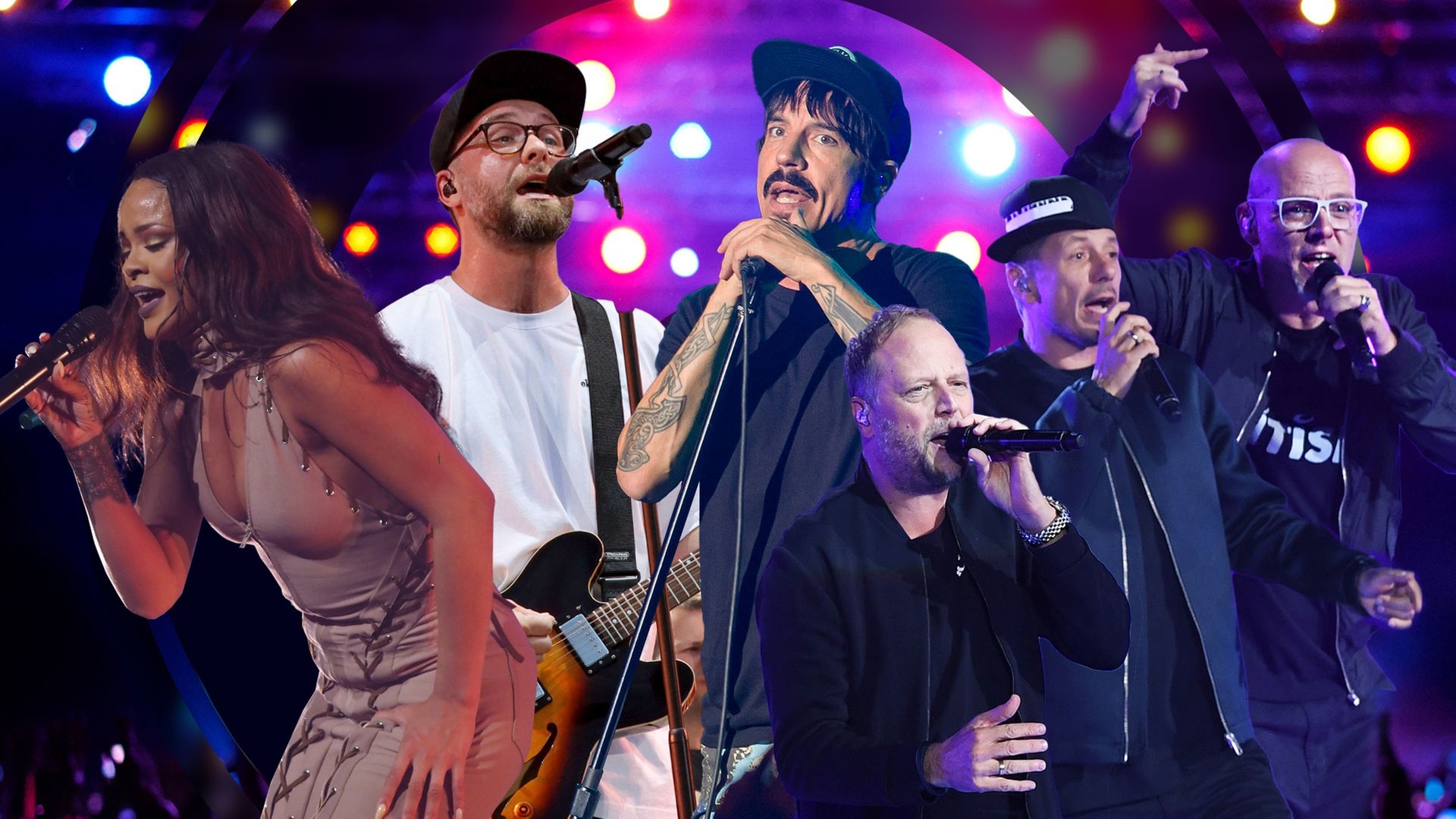 Die Sängerin RIhanna, der Sänger Mark Forster, Anthony Kiedis – Frontman der Red Hot Chili Peppers, Die Fantastischen Vier (Foto: picture-alliance / Reportdienste, Voloshyn Roman, MAGO / POP-EYEI, MAGO / Future Image)