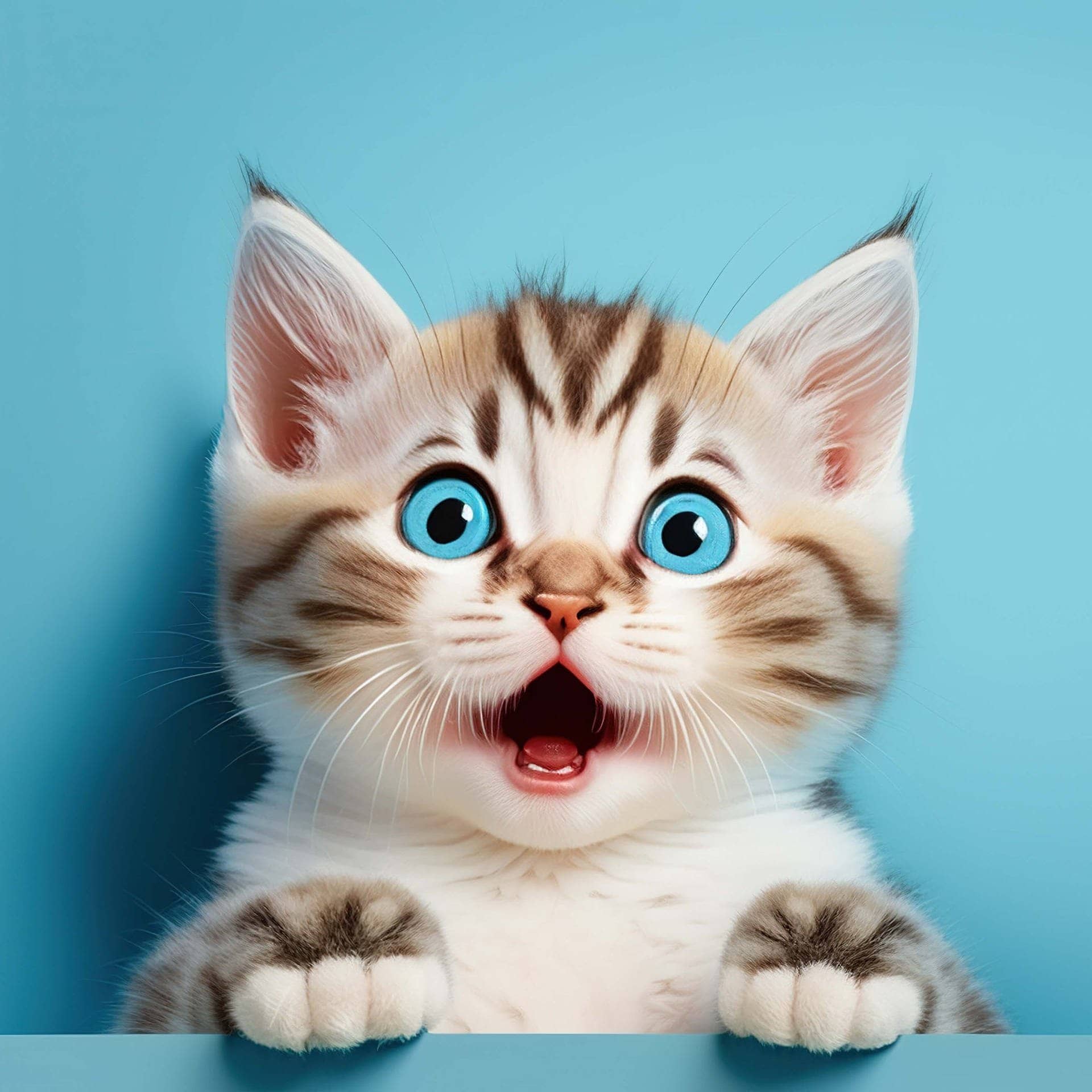 Kleines Kätzchen vor blauem Hitnergrund reißt die Augen weit auf und sieht überrascht aus (Foto: Adobe Stock, Adobe Stock /  Meow Creations)