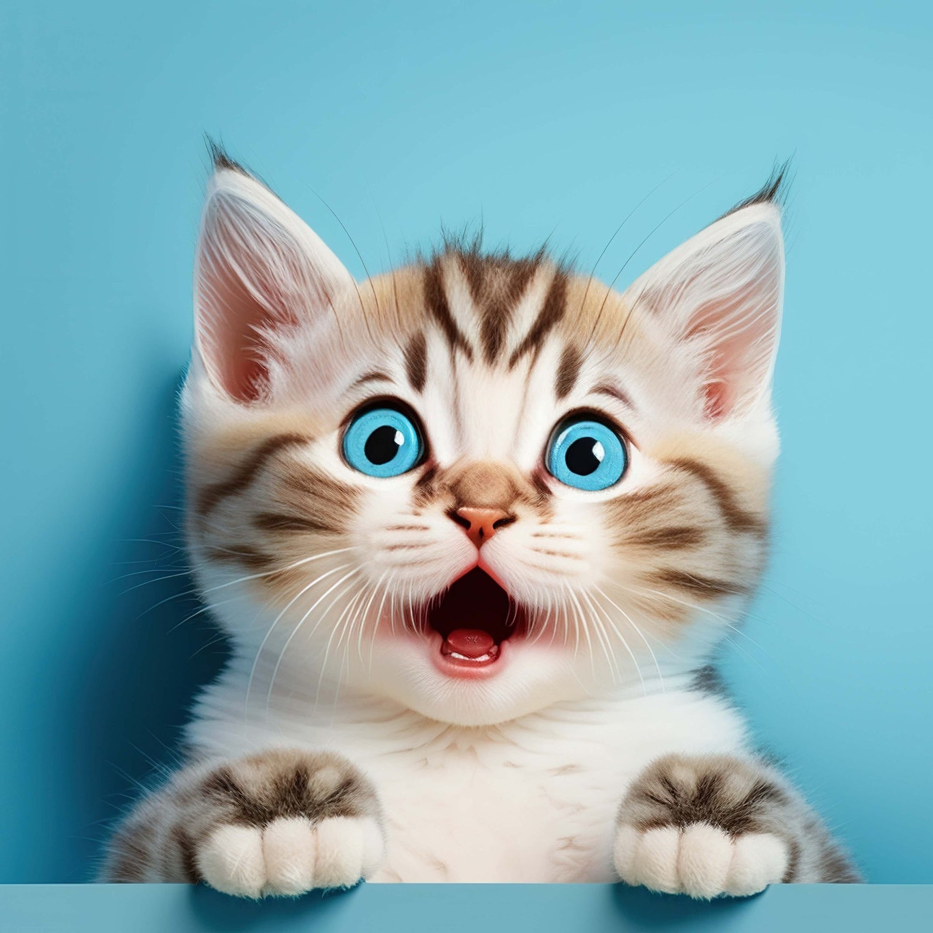 Kleines Kätzchen vor blauem Hitnergrund reißt die Augen weit auf und sieht überrascht aus (Foto: Adobe Stock, Adobe Stock /  Meow Creations)