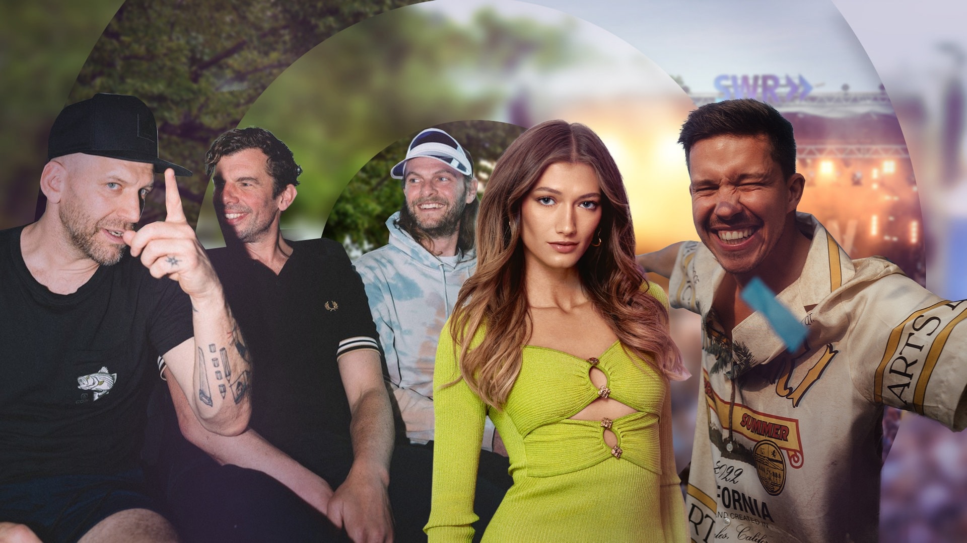 Eine Collage mit Fotos von Sportfreunde Stiller, Leony und Nico Santos, die 2023 beim SWR3 Rheinland-Pfalz Open-Air in Mainz auftreten (Foto: Ingo Pertramer, Ulrich Hartman, lukandsimon)