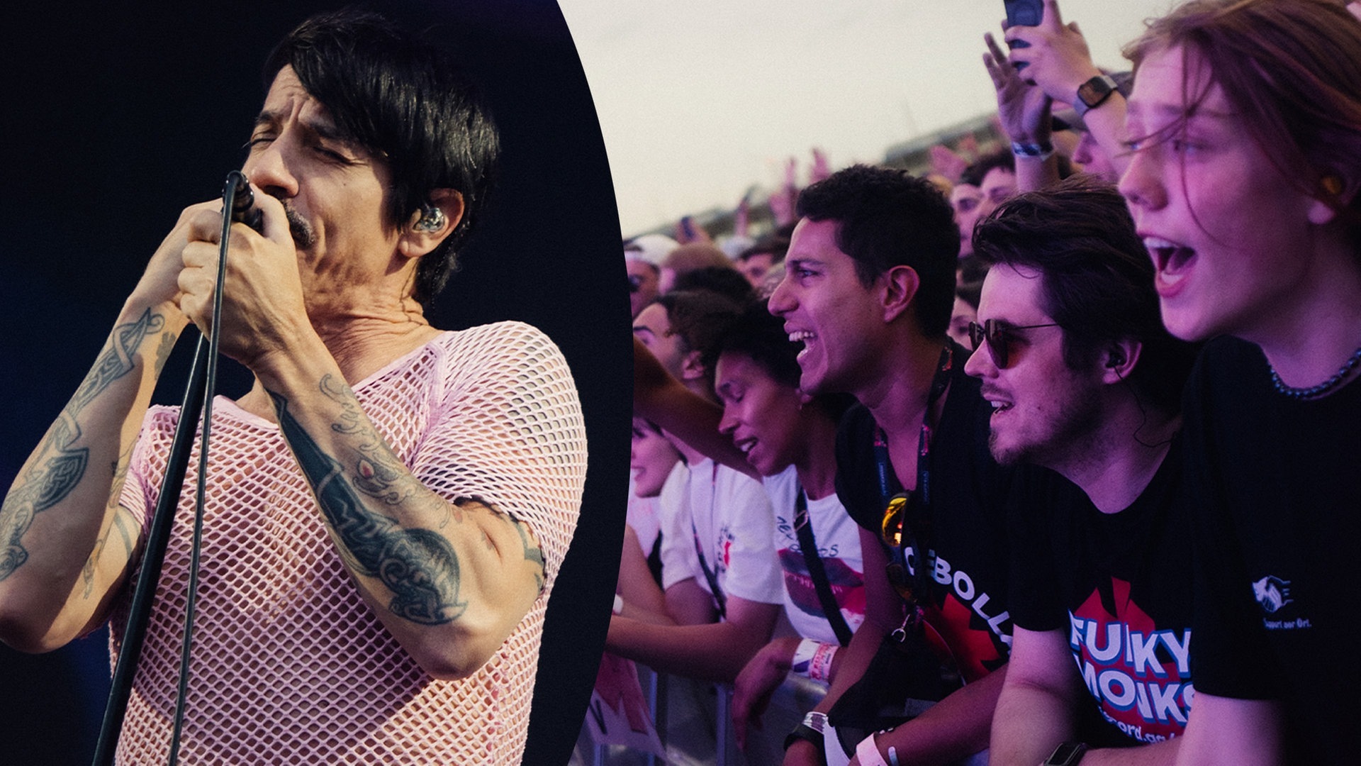 Anthony Kiedis beim Konzert der Red Hot Chili Peppers am 26.6.23 in Mannheim und jubelnde Fans in der ersten Reihe. (Foto: SWR3, Mario Hegewald)