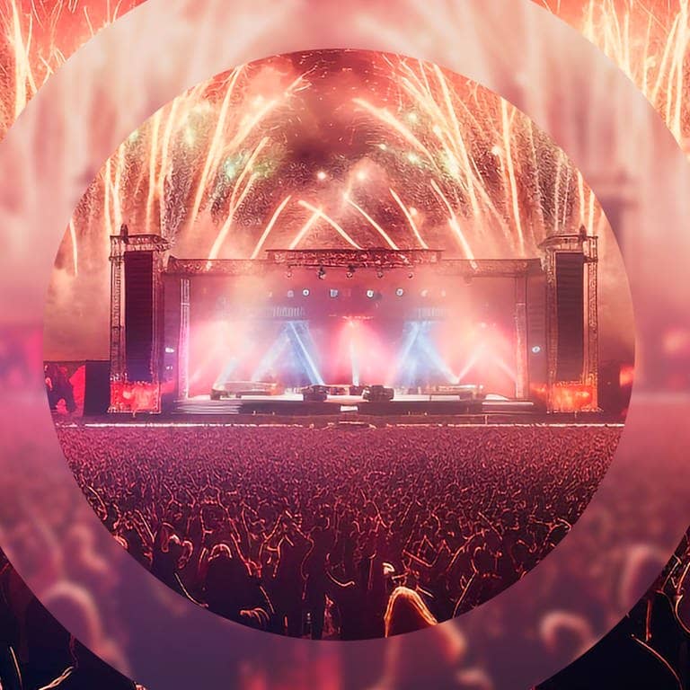 Eine große Festivalbühne mit vielen Besuchenden und einem bunten Feuerwerk (Foto: Adobe Stock, Юрий Маслов)
