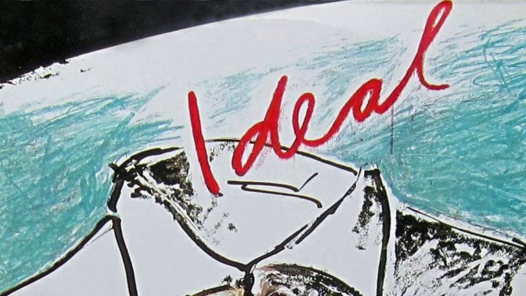 Plattencover der Band "Ideal" zeigt blauen Hintergrund, weißes Hemd und Schrift Ideal